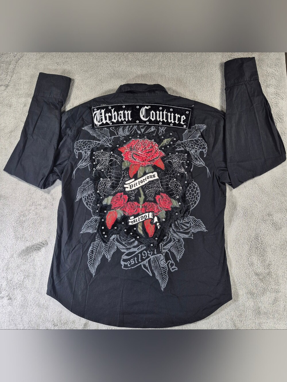 Urban Couture Men's Black Embroidered Rose Button-Down Shirt Y2K